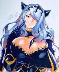  1girl 2018 armor breasts camilla_(fire_emblem) cleavage female_focus fire_emblem fire_emblem_fates gloves hair_over_one_eye highres large_breasts long_hair nintendo purple_eyes purple_hair robaato smile solo  rating:Sensitive score:55 user:Ecchi-Addict