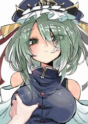  1girl 1other absurdres bare_shoulders blue_hat blue_vest blush breasts closed_mouth deal360acv detached_sleeves frilled_hat frills grabbing grabbing_another&#039;s_breast green_eyes green_hair hat highres large_breasts looking_at_viewer medium_hair meme nejime pov pov_cheek_grabbing_(meme) shiki_eiki simple_background solo touhou upper_body vest white_background white_sleeves 