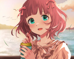 :d amami_haruka bird blunt_bangs blush cloud cloudy_sky collarbone cup dot_nose drinking_straw earrings frilled_shirt_collar frills green_eyes hair_ribbon hanamasa_ono highres holding holding_cup idolmaster idolmaster_(classic) idolmaster_million_live! idolmaster_million_live!_theater_days jewelry looking_at_viewer mountainous_horizon ocean official_alternate_costume official_alternate_hairstyle open_mouth outdoors private_dress_(idolmaster_million_live!) red_ribbon ribbon seagull short_hair sky smile sunset upper_body