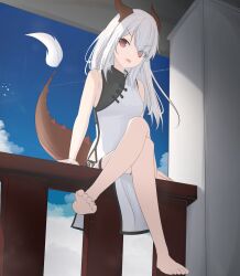  1girl absurdres bare_shoulders barefoot blue_sky breasts cloud commentary_request crossed_legs day dragon_girl dragon_horns dragon_tail dress eyes_visible_through_hair grey_hair hair_over_one_eye highres horns kuronagi_(mitora_uwu) long_hair looking_at_viewer on_railing original pelvic_curtain railing red_eyes sitting sky sleeveless sleeveless_dress small_breasts soles solo tail white_dress 