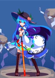 1girl absurdres black_hat blue_background blue_hair blue_skirt boots bow bowtie brodall_pixel brown_footwear center_frills commentary cross-laced_footwear frilled_skirt frills full_body grin hands_on_hilt hat highres hinanawi_tenshi keystone long_hair looking_at_viewer peach_hat_ornament pixel_art rainbow_gradient red_bow red_bowtie red_eyes rope shimenawa short_sleeves sidelocks skirt smile solo standing sword_of_hisou touhou 