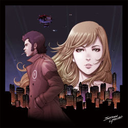 1boy 1girl aircraft barcode billboard blonde_hair brown_hair building cigarette cityscape coat couple cyberpunk detective dirigible earrings emblem flying_car gillian_seed hands_in_pockets highres jamie_seed jewelry konami lights lips looking_at_viewer mullet night redesign science_fiction searchlight sideburns signature smoking snatcher star_(sky) trench_coat yoshioka_satoshi