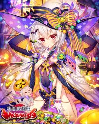  1girl :o bat_(animal) bat_hair_ornament blush candy cape copyright_name copyright_notice covered_navel finger_to_mouth food gloves grey_hair hair_ornament hat highres jack-o&#039;-lantern looking_at_viewer monkey munlu_(wolupus) official_art pumpkin red_eyes sengoku_bushouki_muramasa sitting solo star_(symbol) white_cape white_gloves window witch_hat yagyuu_munenori_(sengoku_bushouki_muramasa) 