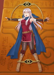  1girl absurdres armpits bare_shoulders belt black_gloves black_pantyhose blue_scarf boots breasts brown_belt brown_footwear dress elbow_gloves fingerless_gloves fire_emblem fire_emblem:_radiant_dawn full_body gloves hair_between_eyes hazuki_(nyorosuke) hieroglyphics highres long_hair medium_breasts micaiah_(fire_emblem) nintendo open_mouth outstretched_arms pantyhose red_dress restrained scarf short_dress sleeveless sleeveless_dress solo sweat thighs very_long_hair white_hair yellow_eyes 
