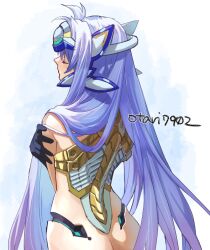  1girl android artist_name ass black_gloves butt_crack closed_eyes from_behind gloves headgear indesign kos-mos kos-mos_ver._4 long_hair nude purple_hair robot_girl simple_background solo upper_body very_long_hair white_background xenosaga xenosaga_episode_iii  rating:Questionable score:5 user:danbooru