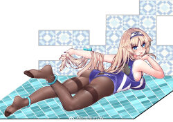 1girl :p anklet ass black_pantyhose blonde_hair blue_eyes bracelet breasts competition_swimsuit enterprise_(warship_girls_r) feet full_body hair_flaps hairband jewelry large_breasts long_hair looking_at_viewer lying nail_polish no_shoes on_stomach one-piece_swimsuit pantyhose pantyhose_under_swimsuit smile solo swimsuit thighband_pantyhose tongue tongue_out warship_girls_r weibo_logo z.s.w.