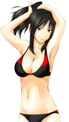  1girl absurdres artist_request bikini black_hair bra breasts character_request cleavage copyright_request hairband highres large_breasts long_hair looking_at_viewer medium_breasts navel ponytail red_eyes sidelocks simple_background solo swimsuit tagme underwear  rating:Questionable score:7 user:lol249999999999999