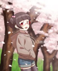  1girl black_thighhighs blue_shorts blunt_bangs blurry blurry_background brown_hair character_name cherry_blossoms day denim denim_shorts drawstring falling_petals glasses hair_bobbles hair_ornament half-closed_eyes hands_in_pockets hood hood_down indie_virtual_youtuber long_sleeves looking_at_viewer magari_(c0rn3r) open_mouth outdoors petals red_eyes semi-rimless_eyewear short_hair short_shorts short_twintails shorts skindentation smile solo standing takajin-chan thighhighs twintails virtual_youtuber 