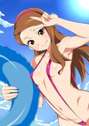 1girl absurdres blue_sky blush breasts brown_hair covered_erect_nipples day dutch_angle fingernails forehead hairband highres idolmaster idolmaster_(classic) innertube jabara_tornado lips long_hair looking_at_viewer minase_iori navel outdoors salute shiny_skin sky slingshot_swimsuit small_breasts smile solo swim_ring swimsuit v rating:Questionable score:98 user:danbooru