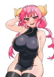  1girl alternate_eye_color alternate_hair_color arm_at_side arm_up bare_hips bare_shoulders black_dress black_thighhighs blush breasts china_dress chinese_clothes covered_navel cowboy_shot curvy dot_nose dragon_girl dragon_horns dress egorlox eyebrows eyelashes female_focus horns huge_breasts ilulu_(maidragon) kobayashi-san_chi_no_maidragon large_breasts long_hair looking_at_viewer low_twintails matching_hair/eyes naughty_face open_mouth pelvic_curtain pink_eyes pink_hair pointy_ears sharp_teeth shortstack sideboob sideless_dress sideless_outfit sleeveless sleeveless_dress smile smug solo teeth thick_thighs thighhighs thighs twintails wide_hips yellow_horns  rating:Questionable score:22 user:Only_Kemonomimi
