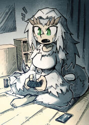  1girl :o barefoot breasts can cellphone controller dark_souls_(series) dark_souls_i dragon_girl dress fang full_body giant giantess green_eyes highres horns indian_style indoors large_breasts long_hair phone priscilla_the_crossbreed setz sitting slit_pupils smartphone solo tail white_dress white_hair 