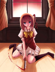  00s 1girl blood blood_on_clothes blood_on_face bloody_knife bloody_weapon brown_hair crazy crazy_eyes curtains fuyou_kaede grey_eyes hair_ribbon hairband kneehighs knife no_shoes ribbon ryo_(botugo) school_uniform shuffle! sitting socks solo wariza weapon window wooden_floor yandere  rating:Questionable score:12 user:danbooru