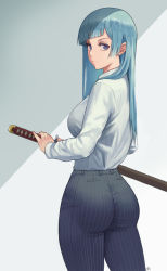  1girl aqua_hair ass blue_eyes breasts fighting_stance formal from_behind highres jujutsu_kaisen large_breasts long_hair looking_at_viewer looking_back miwa_kasumi pants ready_to_draw sheath sheathed shirt sideboob solo sword tight_clothes tight_pants weapon zefrableu  rating:Sensitive score:322 user:armorcrystal
