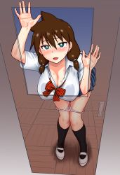 1girl against_door against_glass amano_megumi amano_megumi_wa_suki_darake! blue_eyes blush breast_press breasts breasts_on_glass brown_hair circle_cut cleavage commentary_request fang full_body highres large_breasts long_hair mary_janes open_mouth panties panty_pull pink_panties shoes skirt socks solo st.germain-sal tears unbuttoned unbuttoned_shirt underwear rating:Questionable score:67 user:danbooru