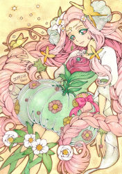  1girl absurdres artist_name bow braid bubble_skirt bug butterfly butterfly_on_hand choker closed_mouth cure_felice dated dress dress_flower fingernails flower flower_in_eye green_choker green_dress green_eyes green_nails green_ribbon hair_flower hair_ornament hanami_kotoha highres insect leg_ribbon light_smile long_hair looking_at_viewer magical_girl mahou_girls_precure! multicolored_eyes nail_polish painting_(medium) pink_bow pink_eyes pink_hair pouch precure ribbon sayococco short_dress signature skirt solo symbol_in_eye traditional_media twin_braids watercolor_(medium) wrist_cuffs yellow_background 