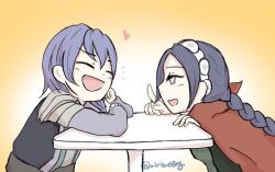  1boy 1girl airisuotog braid fire_emblem fire_emblem:_three_houses fire_emblem_awakening hairband laughing leaning_on_table low_twin_braids low_twintails nina_(fire_emblem) nintendo open_mouth parted_bangs purple_hair twin_braids twintails white_hairband yuri_leclerc 