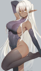 1girl 2024 absurdres armpits breasts covered_erect_nipples dark_elf dark_skin dated elbow_gloves elf gloves halterneck highres large_breasts long_hair looking_at_viewer no_bra original pointy_ears sideboob signature simple_background smile solo standing standing_on_one_leg tawapo thighhighs twintails yellow_eyes 