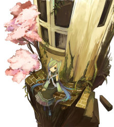 1girl animal_ears asami_(artist) cat_ears cherry_blossoms detached_sleeves dress fantasy green_hair hair_over_one_eye looking_up original sitting smile solo stairs surreal tree window rating:Sensitive score:7 user:danbooru