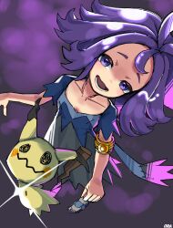  1girl :d acerola_(pokemon) armlet blue_dress collarbone commentary_request creatures_(company) dress eyelashes game_freak gen_7_pokemon highres lower_teeth_only mimikyu nintendo open_mouth ora_(oraora_oekaki) pokemon pokemon_(creature) pokemon_sm purple_eyes purple_hair sandals short_sleeves smile teeth toes topknot torn_clothes torn_dress 