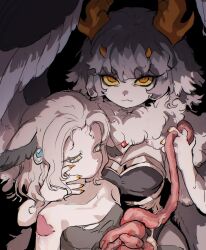  2girls aiara_(cyany) animal_ears black_background breasts bright_pupils claws closed_mouth colored_eyelashes colored_sclera colored_skin colored_tips commentary cyany dark death empty_eyes english_commentary feathered_wings grey_hair grey_skin grey_wings guro half-closed_eyes hand_on_another&#039;s_face highres holding horns injury intestines large_breasts looking_at_viewer monster_girl multicolored_hair multiple_girls multiple_horns murder neck_fur orange_eyes orange_horns original short_hair simple_background smile upper_body white_pupils wings yellow_sclera 