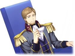 1boy artist_request ascot beard blue_eyes blue_vest brown_hair code_geass code_geass:_lost_stories cropped_torso cup drink dutch_angle epaulettes facial_hair game_cg grey_jacket grin half-closed_eyes hand_up happy high_collar holding holding_cup holding_drink jacket long_sleeves looking_at_viewer military_uniform non-web_source odysseus_eu_britannia official_art on_chair shirt short_hair simple_background sitting smile teacup teeth transparent_background uniform upper_body vest white_ascot white_shirt