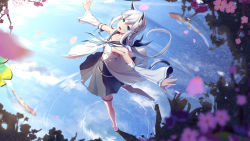  1girl animal_ear_fluff animal_ears bare_legs bare_shoulders barefoot black_bow black_skirt blue_neckerchief blue_ribbon bow braid cherry_blossoms cloud collarbone day detached_sleeves dress feet fish flower fox_ears fox_girl fox_tail green_eyes hair_between_eyes hair_bow happy highres hololive hololive_gamers key lazy_guang_guang legband lily_pad long_hair long_sleeves looking_at_viewer miniskirt neckerchief open_mouth petals pink_flower ponytail reflection reflective_water ribbon ripples shirakami_fubuki shirt side_braid single_thighhigh skirt sky smile solo standing standing_on_one_leg tail thighhighs virtual_youtuber wading wallpaper water white_dress white_hair white_shirt white_sleeves white_thighhighs wide_sleeves  rating:General score:4 user:RagingDuder