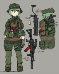  ak-104 camouflage chest_rig dutchko gloves green_hair grenade_launcher gun hat lita_(dutchko) military military_uniform orange_eyes rifle russia uniform weapon  rating:Sensitive score:12 user:Skwish_