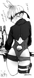  1boy 9s_(nier:automata) animal_ears ass backless_leotard bottle cameltoe clothing_cutout commentary_request cropped_jacket crossdressing cuntboy from_behind greyscale highres leotard male_focus male_playboy_bunny monochrome nier:automata nier_(series) profile rabbit_boy rabbit_ears rabbit_tail revealing_clothes shiny_clothes short_hair short_shorts shorts skindentation smile solo standing sweatdrop tail tarakoutibiru thigh_gap thigh_strap translation_request trap twitter_username white_background white_hair 
