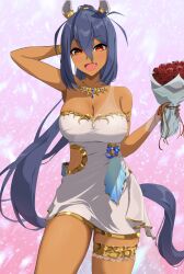  1girl absurdres animal_ears arm_up armpits azuki_(azuki_azukki) bare_shoulders black_hair blue_nails blush bouquet breasts cherry_blossoms cleavage commentary_request cowboy_shot dark-skinned_female dark_skin dress ear_covers fang flower gem gold_bracelet gold_necklace hair_between_eyes highres hishi_amazon_(hungry_veil)_(umamusume) hishi_amazon_(umamusume) holding holding_bouquet horse_ears horse_girl jewelry long_hair medium_breasts necklace nontraditional_wedding_dress official_alternate_costume ponytail red_eyes simple_background smile solo umamusume very_long_hair wedding_dress white_dress 