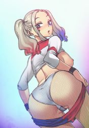 1girl ass bad_id bad_pixiv_id blonde_hair blue_eyes breasts cameltoe clothes_lift clothes_pull cowboy_shot dc_comics eyeshadow facial_tattoo fishnet_pantyhose fishnets from_behind grey_hair harabacho_(gkfkqkch1) harley_quinn large_breasts leaning_forward looking_at_viewer looking_back makeup multicolored_hair nipples open_mouth panties pantyhose shirt_lift shorts shorts_pull sideboob solo suicide_squad tattoo thigh_gap twintails two-tone_hair underwear undressing white_panties wristband rating:Explicit score:122 user:danbooru