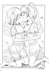  2girls absurdres bottomless bride closed_eyes elbow_gloves gloves highres holding_hands kiss lingerie loli misao. monochrome multiple_girls navel nightgown original thighhighs underwear yuri  rating:Questionable score:66 user:hinzozo