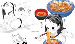  1boy 1girl absurdres beard belly blanket blush bowl eating egg_yolk facial_hair food highres huge_filesize loli long_hair lying meat navel noodles on_back on_side original partially_colored plump short_shorts shorts sleeping soup spoon sweat tatami tearontaron twitter_username weight_gain  rating:Questionable score:75 user:Dweenie