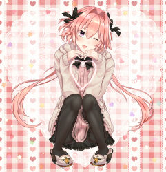 1boy absurdres astolfo_(fate) astolfo_(tour_outfit)_(fate) black_pantyhose blush bow braid chiri_214 choker collarbone fang fate/apocrypha fate/grand_order fate_(series) hair_between_eyes hair_bow hair_intakes hair_ornament hair_over_shoulder hair_ribbon highres long_hair looking_at_viewer male_focus multicolored_hair official_alternate_costume pantyhose pink_hair purple_eyes ribbon shorts simple_background single_braid smile solo streaked_hair sweater trap white_bow white_hair white_sweater rating:Sensitive score:19 user:danbooru