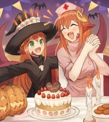  2girls :d ^_^ absurdres bat_(animal) birthday_cake birthday_party blush breasts cake candle chocolate closed_eyes commission cookie closed_eyes fang food fruit green_eyes hair_between_eyes hair_ornament hairclip halloween halloween_costume happy happy_birthday hat highres huge_filesize jewelry lamia large_breasts miia_(monster_musume) mika_(miiafag) monster_girl monster_musume_no_iru_nichijou mother_and_daughter multiple_girls necklace nurse nurse_cap open_mouth original outstretched_arms own_hands_together plate pointy_ears pumpkin red_hair skull smile sookmo spread_arms strawberry table tail witch witch_hat  rating:Sensitive score:37 user:danbooru