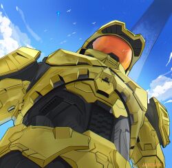  1boy absurdres blue_sky foreshortening from_below halo_(game) highres jaxcian looking_at_viewer looking_down male_focus master_chief meme non-humanoid_robot original parody photo-referenced robot short_hair sky solo upper_body yur_oc_like_this_(meme) 