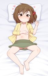 1girl bed bed_sheet blush brown_eyes brown_hair closed_mouth female_focus flat_chest from_above full_body hair_bobbles hair_ornament highres loli looking_at_viewer lying navel no_panties on_back on_bed open_clothes pillow recette_lemongrass recettear shino_(shinokani) short_hair smile solo sweat rating:Explicit score:318 user:jameskb1