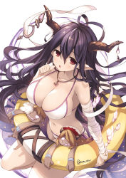 1girl antenna_hair bandaged_arm bandages bare_shoulders bikini blue_hair blush breasts cleavage collarbone commentary_request danua doll draph from_above granblue_fantasy hair_between_eyes hand_up highres horn_ornament horns innertube jewelry large_breasts long_hair looking_at_viewer mizuno_sao necklace parted_lips pointy_ears red_eyes ribbon side-tie_bikini_bottom sidelocks simple_background solo swim_ring swimsuit very_long_hair white_background white_bikini white_ribbon rating:Sensitive score:10 user:danbooru