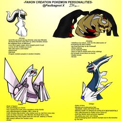  4others animal_focus arceus character_name claws clenched_hands closed_eyes creatures_(company) dialga disgust dragon english_text fangs game_freak gen_4_pokemon giratina giratina_(origin) horns legendary_pokemon multiple_others mythical_pokemon nintendo no_humans open_mouth palkia paulbagnot pokemon pokemon_(creature) red_eyes simple_background smile spikes twitter_username wings yellow_background 
