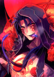  1boy bare_pectorals blue_hair chest_tattoo cu_chulainn_(fate) cu_chulainn_(fate)_(all) cu_chulainn_(fate/stay_night) cu_chulainn_alter_(fate) cu_chulainn_alter_(fate/grand_order) fate/grand_order fate_(series) forked_tongue full-body_tattoo highres hood lancer male_focus pectorals solo sunday31 tattoo tongue 