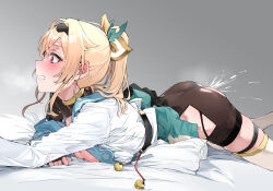  1girl absurdres aftersex ass blonde_hair blue_eyes blush breasts ear_blush hair_ornament heart heart-shaped_pupils highres hololive japanese_clothes kazama_iroha kazama_iroha_(1st_costume) long_hair lying medium_breasts on_bed on_stomach ponytail simple_background solo steam symbol-shaped_pupils teeth thighhighs torn_clothes virtual_youtuber white_thighhighs yuukauta zettai_ryouiki  rating:Explicit score:74 user:danbooru
