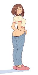  1girl ass ass_support blush boku_no_hero_academia brown_hair butt_crack closed_eyes clothes_pull from_side full_body highres mooning no_panties pants pants_pull shirt short_hair short_sleeves simple_background slippers solo standing suoiresnu taut_clothes taut_shirt tongue tongue_out uraraka_ochako white_background  rating:Questionable score:186 user:JustHere4Butts