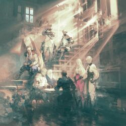  1girl 6+boys armor brown_hair character_request crossed_arms feathered_wings highres indoors light_rays long_hair looking_at_another multiple_boys official_art second-party_source sitting stairs sword table tactics_ogre weapon white_hair wings yoshida_akihiko 