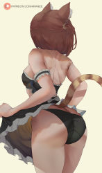 1girl animal_ears araneesama ass bare_shoulders black_panties breasts brown_hair butt_crack cat_ears cat_girl cat_tail from_behind from_below highres huge_ass looking_away medium_breasts original paid_reward_available panties shiny_skin short_hair sideboob simple_background skirt skirt_hold solo tail thick_thighs thighs underwear yellow_background rating:Questionable score:59 user:armorcrystal
