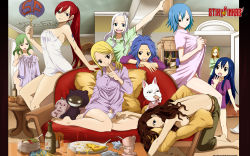 6+girls :o barefoot bisca_mulan blonde_hair blue_eyes blue_hair blush bottomless bra breasts brown_eyes brown_hair cana_alberona cat charle_(fairy_tail) dog drink eating erza_scarlet evergreen_(fairy_tail) fairy_tail hand_fan feet food glasses green_hair highres juvia_lockser large_breasts legs levy_mcgarden lingerie lucy_heartfilia mashima_hiro mirajane_strauss multiple_girls official_art open_mouth pajamas panties pillow pizza red_eyes red_hair sideboob sitting stiky_finkaz tattoo topless towel underwear wendy_marvell white_hair rating:Sensitive score:109 user:stiky-finkaz