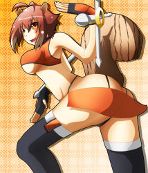  1girl animal_ears arc_system_works ass blazblue blazblue:_continuum_shift breasts brown_hair fingerless_gloves gloves highres makoto_nanaya open_mouth orange_skirt revealing_clothes short_hair skirt solo squirrel_ears squirrel_tail tail thighhighs tonfa underboob weapon yosibou  rating:Questionable score:33 user:Roulette
