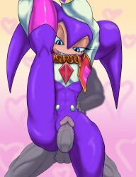  blue_eyes bodysuit buttbuttthenobelbutt buttons erection flexible grin hand_on_another&#039;s_hip hat jester jester_cap leg_lift leg_up looking_down narrow_waist nights_(character) nights_into_dreams penis sega sharp_teeth smile smug_smile standing standing_on_one_leg tagme teeth 