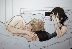  1boy 1girl bare_arms bare_shoulders bed black_shorts blonde_hair blush brown_eyes brown_hair cloud_strife final_fantasy final_fantasy_vii grey_tank_top holding holding_phone long_hair lying maiii_(smaii_i) on_bed on_side phone pillow topless_male shorts sleeping smile tank_top tifa_lockhart under_covers  rating:Sensitive score:13 user:danbooru