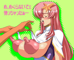 1girl blush breasts closed_eyes green_background hair_ornament huge_breasts huge_nipples large_areolae long_hair long_nipples male_hand mimasaka_hideaki nipples no_bra open_mouth pink_hair puffy_nipples simple_background solo_focus stick_nipples tongue tongue_out translation_request 
