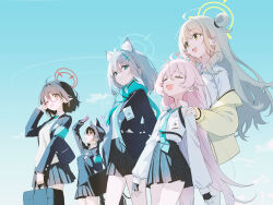  5girls absurdly_long_hair absurdres ahoge animal_ear_fluff animal_ears arm_up armband ayane_(blue_archive) bag bare_legs black_bag black_gloves black_hair black_skirt black_uniform blonde_hair blue_archive blue_armband blue_eyes blue_halo blue_necktie blue_scarf body_straps breasts cat_ears chest_harness closed_eyes closed_mouth collared_shirt cross_hair_ornament fang glasses gloves grey_hair hair_behind_ear hair_between_eyes hair_bun hair_flaps hair_ornament halo hand_in_pocket hand_on_another&#039;s_shoulder hand_on_own_head harness highres holding holding_bag hoshino_(blue_archive) jacket light_smile long_hair long_sleeves looking_ahead looking_at_another looking_down looking_up medium_breasts medium_hair multiple_girls necktie nonomi_(blue_archive) off-shoulder_jacket off_shoulder one_eye_closed open_clothes open_jacket open_mouth partially_fingerless_gloves pink_hair pink_halo pleated_skirt pointy_ears pro-p puffy_long_sleeves puffy_sleeves purple_halo red_eyes red_halo scarf serika_(blue_archive) shiroko_(blue_archive) shirt shirt_tucked_in short_hair single_side_bun skin_fang skirt sky smile split_mouth teeth twintails upper_teeth_only very_long_hair white_undershirt yellow_eyes yellow_halo yellow_jacket 