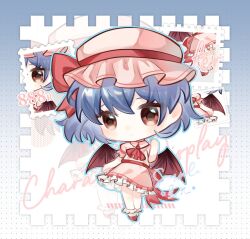  1girl artist_name ascot bat_wings blue_hair chibi closed_mouth commentary_request dress frilled_dress frills full_body hat hat_ribbon highres looking_at_viewer mob_cap pink_dress pink_hat postage_stamp red_ascot red_eyes remilia_scarlet ribbon sample_watermark short_hair solo touhou watermark wings xingguang115 
